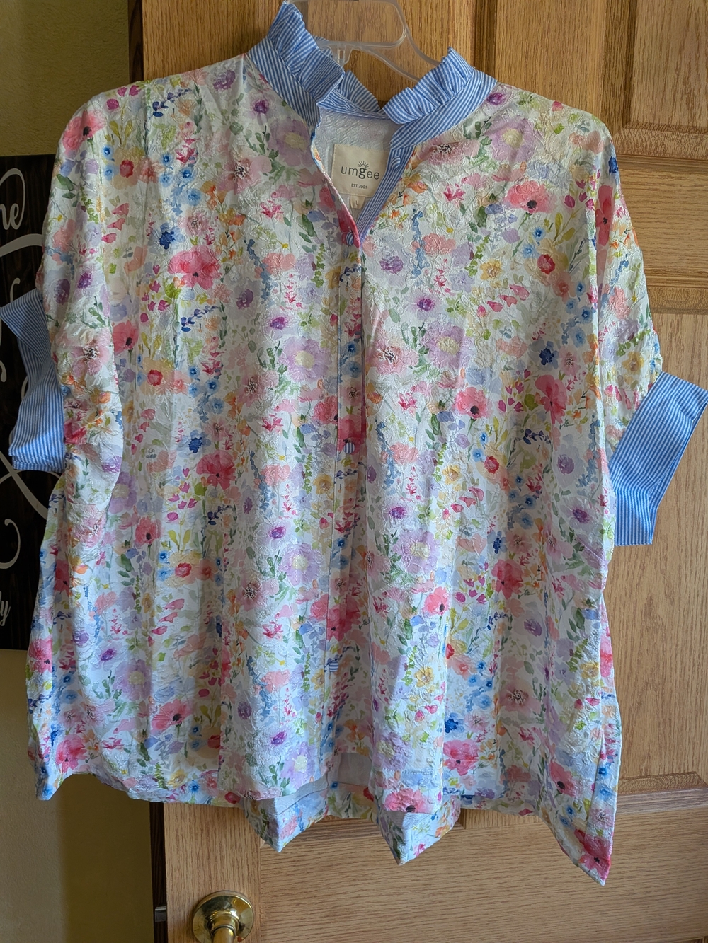 Umgee Floral Button Front Top with Blue Trim